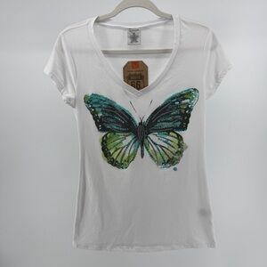 NWT Route 66 Ransom Y2K White V-Neck Butterfly Graphic T-Shirt, Women's Medium